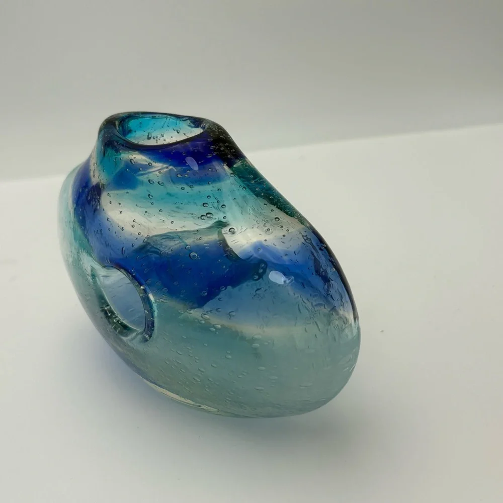 Vintage Blue and Clear Swirl  Glass Donut Vase - Picture 3 of 16